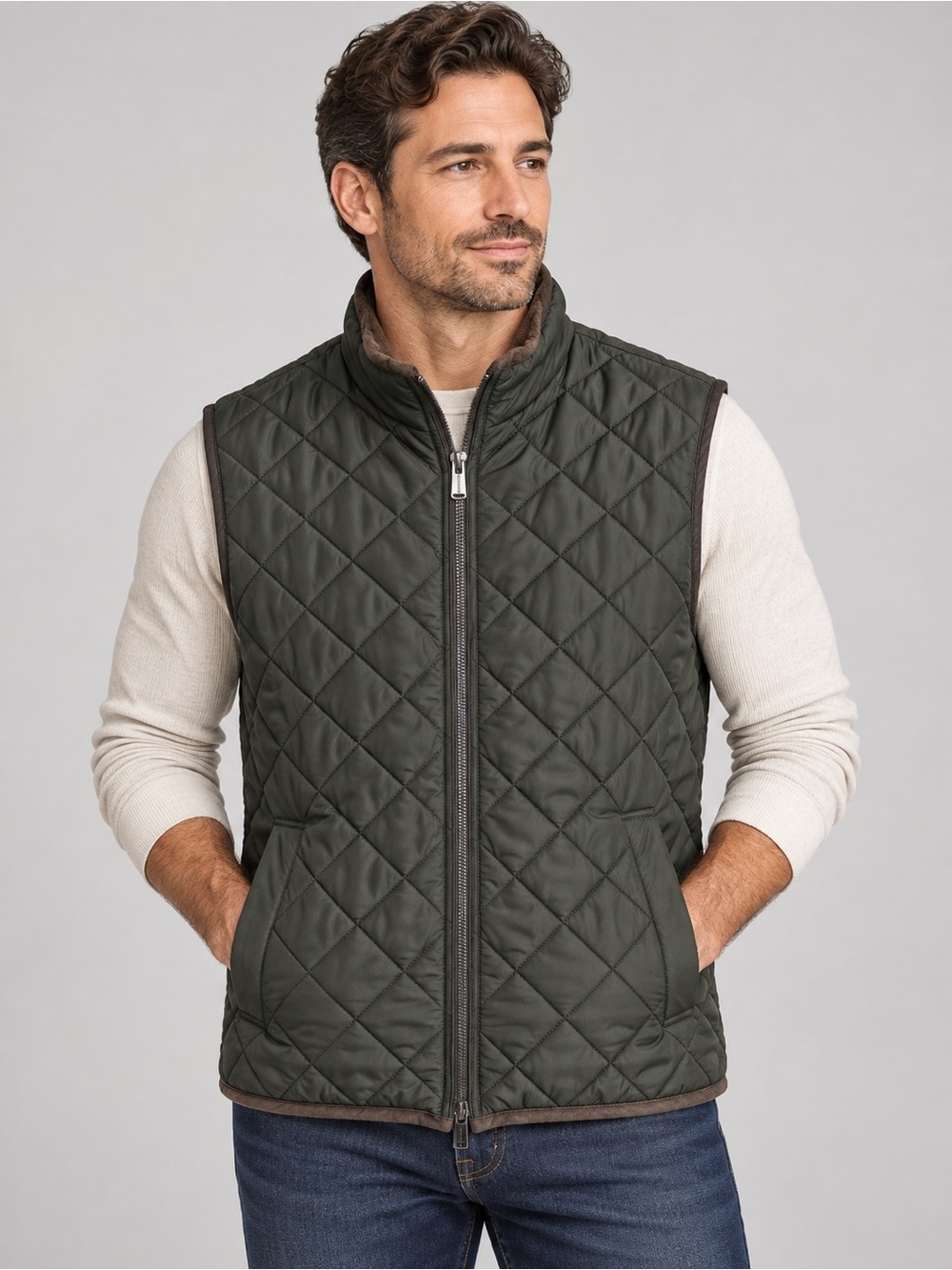 Magaschoni Olive Green Diamond Quilted Vest Brown Fleece Trim Size M unisex